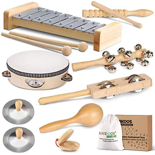 LOOIKOOS natural wooden toddler musical instrument set with storage bag