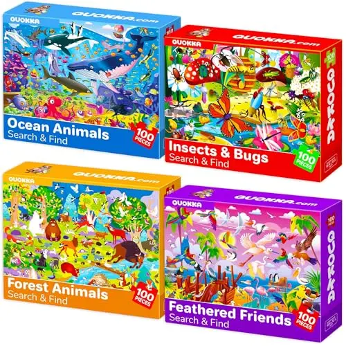 Quokka 4-pack of 100-piece jigsaw puzzles featuring ocean and forest animals