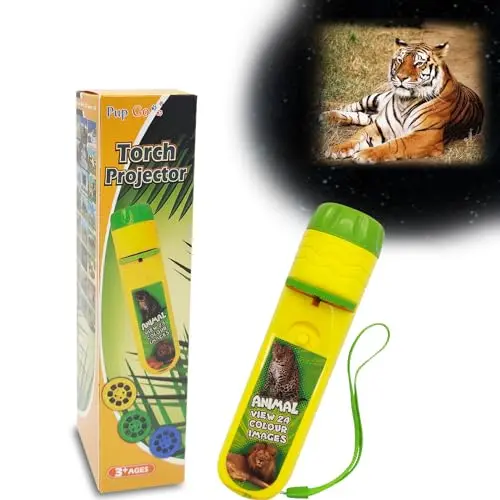 Small, blue plastic animal projector flashlight for kids with rotating image discs