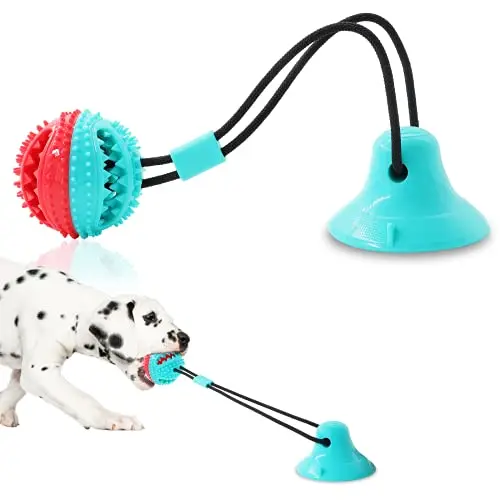 Blue Askhald dog toy with a rope and a silicone ball with a bell