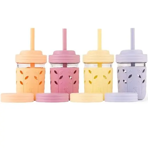 Elk and Friends Glass Mason jar sippy cups with colorful silicone sleeves