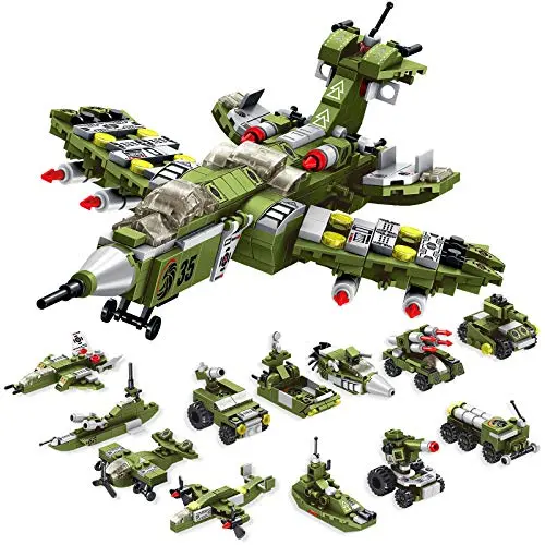 WIDELAND military-themed building blocks set showing tanks, destroyers, and fighter jets