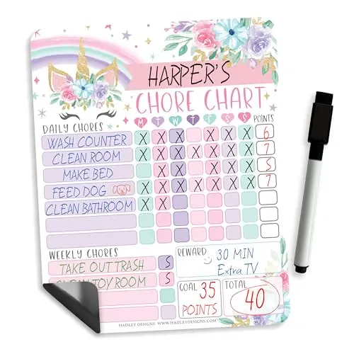 Hadley Designs Unicorn Magnetic Chore Chart for kids with dry erase surface
