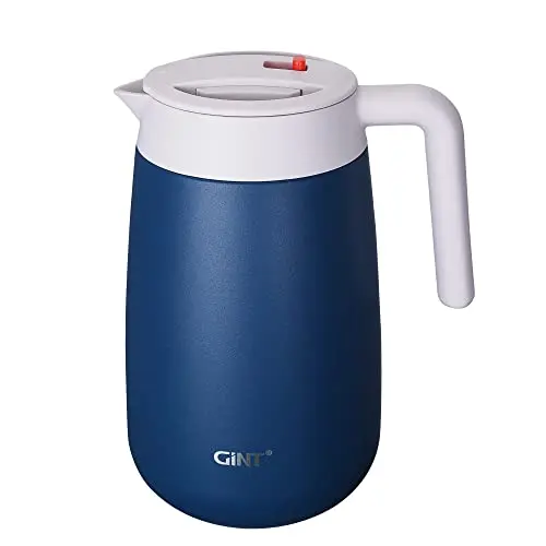 GiNT 1.6L blue thermal coffee carafe with safety lock and compact, round shape.
