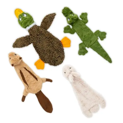 Best Pet Supplies four small stuffless plush dog toys shaped like a duck, hare, squirrel, and alligator