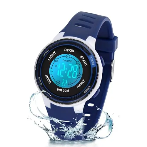 DTKID kids digital watch displaying colorful LED lights on the dial