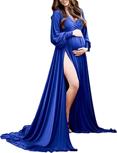 Maternity gown with bishop sleeves and a wrap side slit