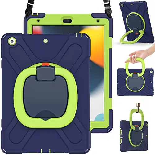 BRAECN Navy Green kids iPad case with kickstand, rotating handle, and carrying strap
