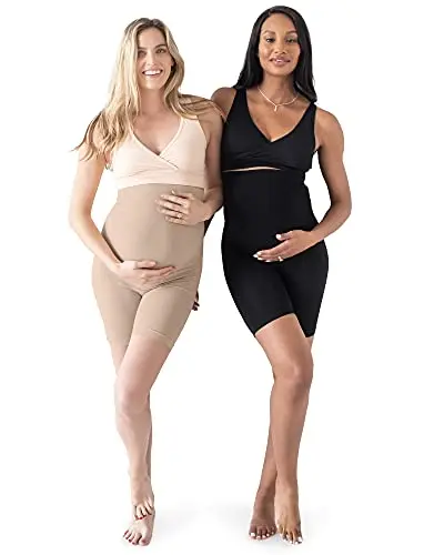 Kindred Bravely Bamboo Seamless No Rub Maternity Shorts shown in beige and black colors