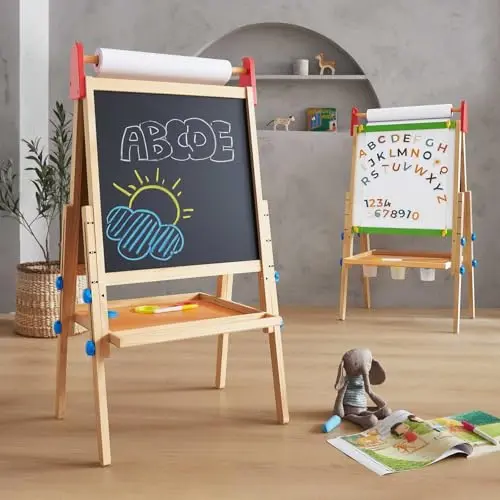 Tiny Land natural wood kids easel with two paper rolls and three painting cups