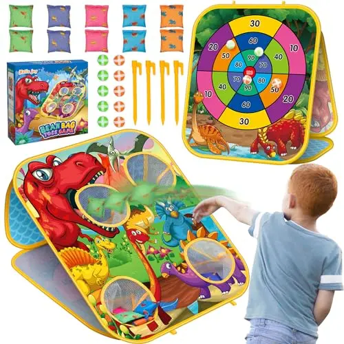 Double-sided dinosaur cornhole board game with bean bags and velcro balls
