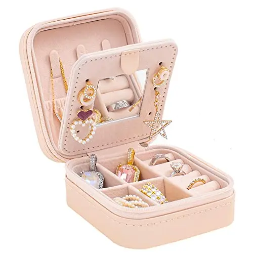 KElofoN pink square travel jewelry case with mirror open