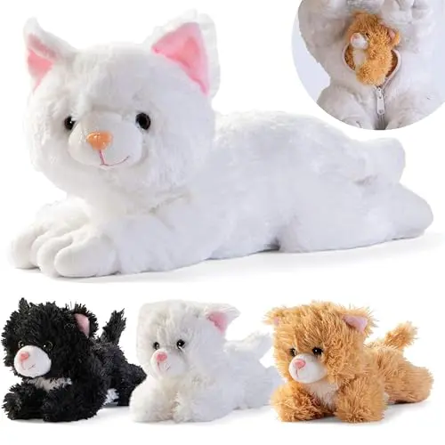 Large, soft grey and white striped plush cat with a zippered back holding three tiny kitten plush toys