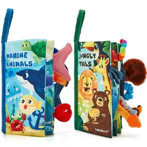Two hahaland soft cloth crinkle books for babies with 3D animal tails