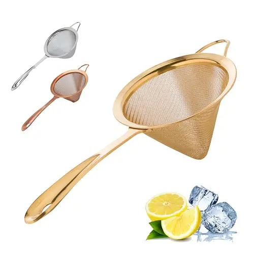 A Bar Above Gold Fine Mesh Cocktail Strainer on a bar counter