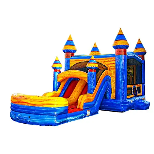 JumpOrange commercial inflatable water slide and bounce house combo with dual lanes and basketball hoop