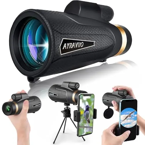 Black monocular telescope with smartphone holder and tripod