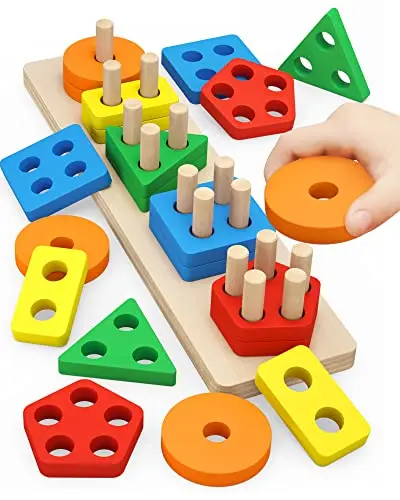 PEBIRA wooden Montessori sorting and stacking puzzle with colorful shapes