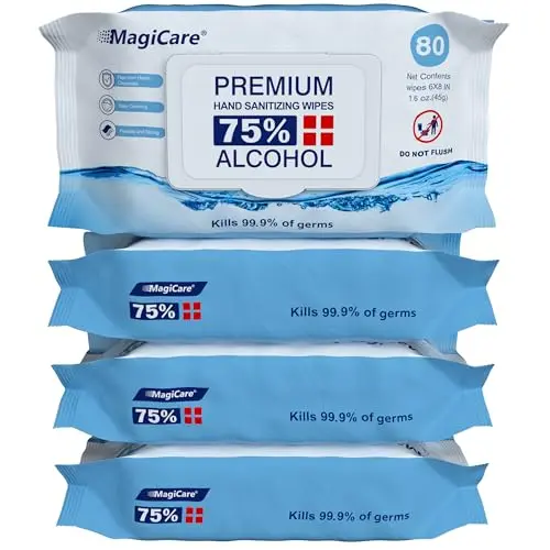 MagiCare 75% alcohol hand sanitizing wipes in resealable soft packs