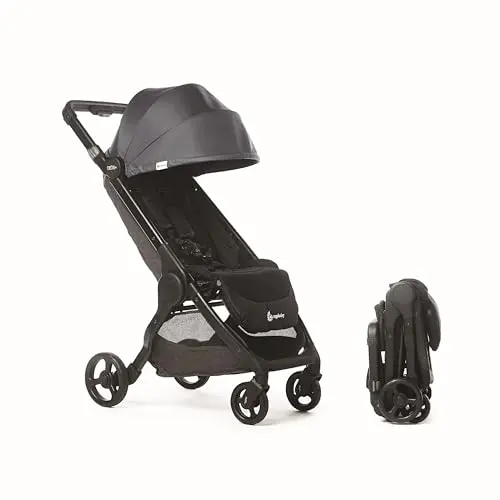 Ergobaby Metro+ compact travel stroller folded and unfolded, showing its sleek grey design and comfortable seat.