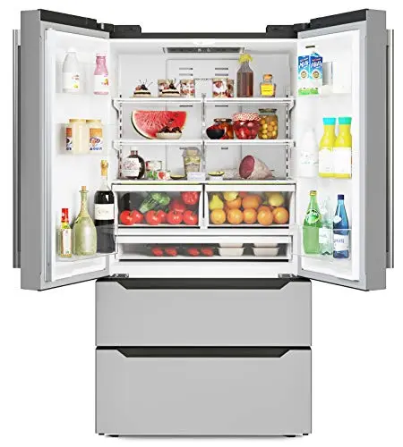 KoolMore stainless steel French door refrigerator with four doors and built-in ice maker