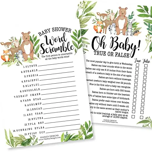 Hadley Designs woodland-themed baby shower game with word scramble and true or false activities
