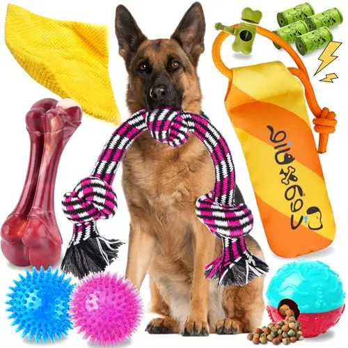 Zeaxuie 12 pack assortment of dog toys including rope, squeaky toys, and chew bone