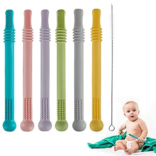 Six multicolored hollow silicone teething tubes for babies with a cleaning brush.