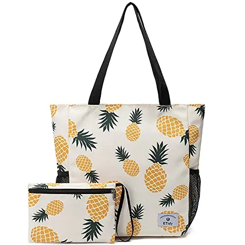 ETidy Yellow Pineapple Foldable Tote Bag with zipper and mesh pockets