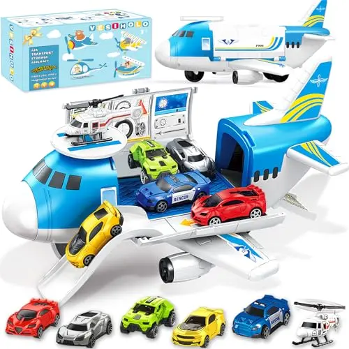 Large blue cargo plane toy with doors open, showing small cars stored inside