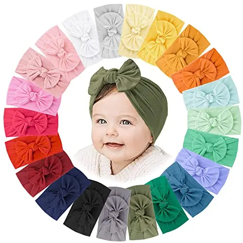 Jesries 22-piece set of soft nylon baby headbands with bows in a rainbow of colors.
