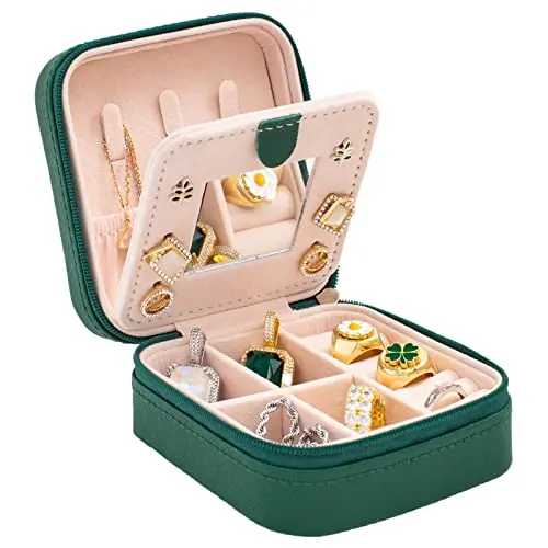 KElofoN small green square travel jewelry box with ring rolls and mirror
