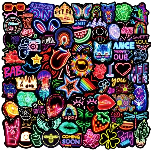 PRETTY SUNSHINE 100-piece pack of bright neon vinyl stickers for water bottles, laptops, and bumpers.