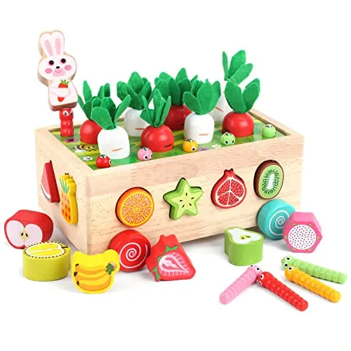 KMTJT wooden shape sorting toy with fruits, carrots, and a cart