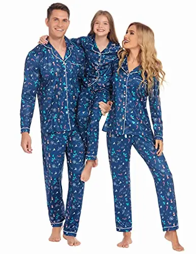 Ekouaer navy blue button-down family matching Christmas pajama set