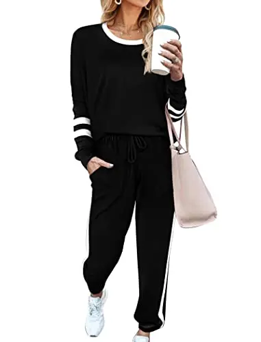 Aloodor women's black two-piece sweatsuit set with color block detailing