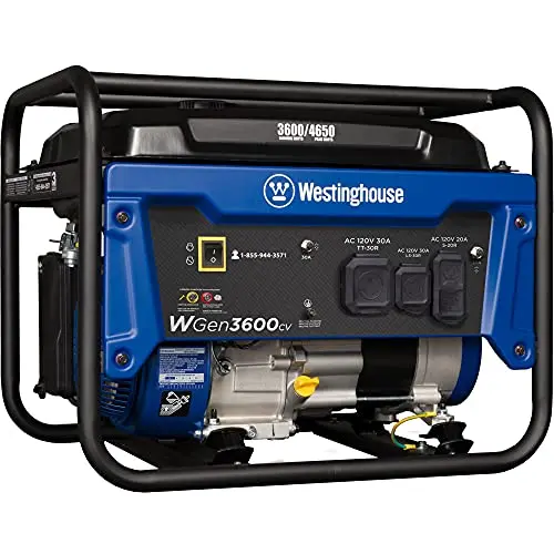 Westinghouse blue open-frame portable generator with a 30-amp RV outlet