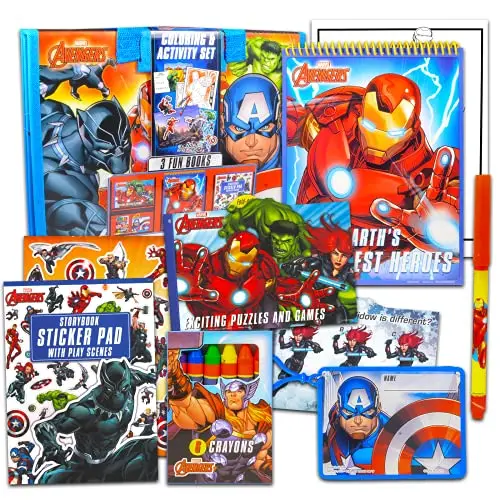 Marvel Avengers tri-fold activity case with coloring books, stickers, and crayons