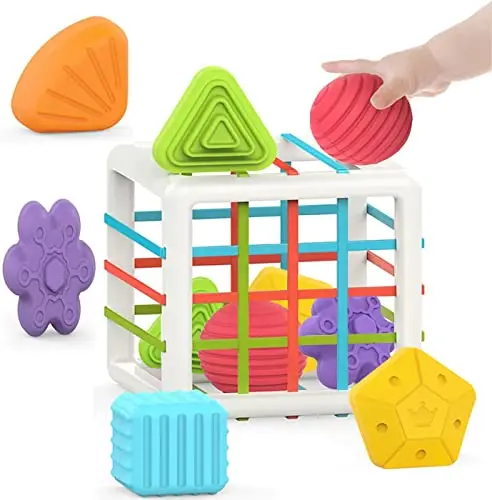 MINGKIDS clear cube with six colorful textured sensory shape blocks