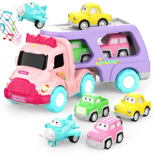 Pink LASCOTON cartoon trailer truck with small cars and airplane
