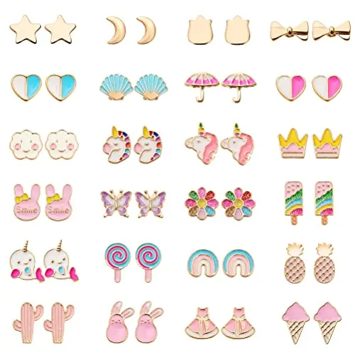 A set of 24 pairs of colorful hypoallergenic stud earrings for girls with stainless steel posts, featuring butterflies, unicorns, and rainbows.
