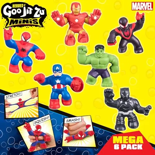 Six mini Marvel superhero action figures that are squishy and stretchy