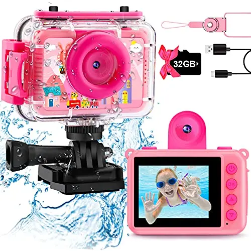 GKTZ pink kids action camera with 180-degree rotating lens