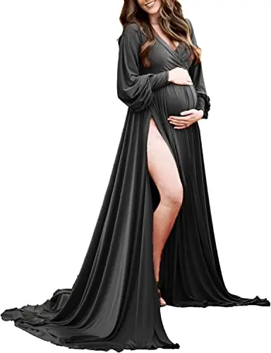 Black maternity gown with dramatic bishop sleeves and a high side slit