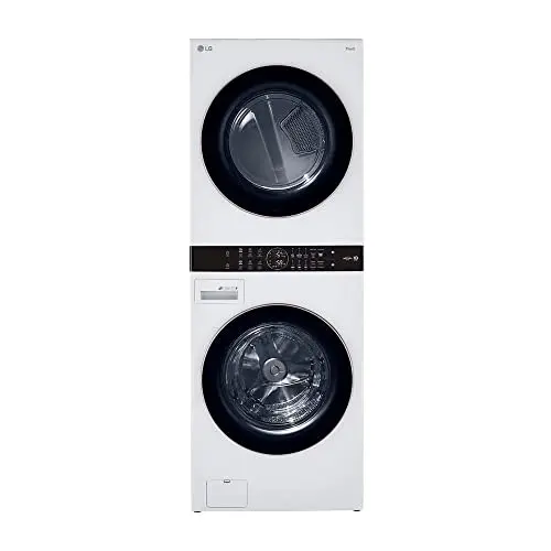 LG WashTower Stacked Smart Laundry Center with front load washer and electric dryer in white