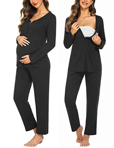 Ekouaer long sleeve maternity nursing pajama set in black, featuring a button-down top and elastic-waist pants.