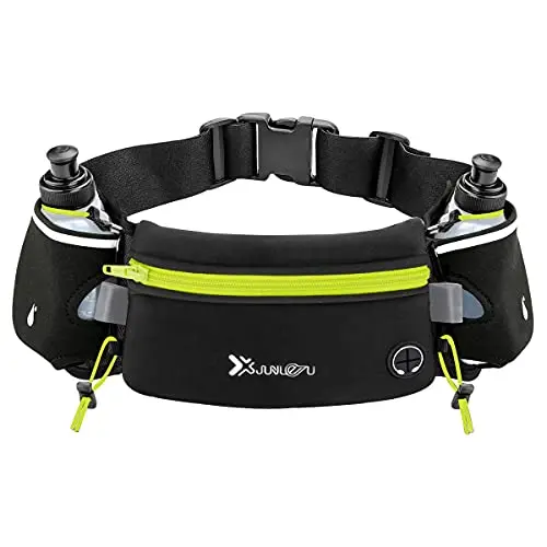 Green Number-one running belt with two small water bottles attached