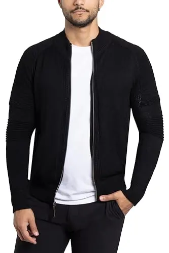 X RAY men's zip up cardigan in black, full zip closure with textured striping on sleeves and chest