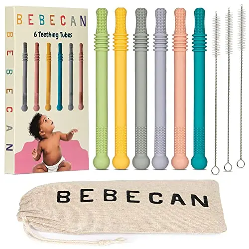 Six multicolored, soft, bendable silicone teething sticks for babies.
