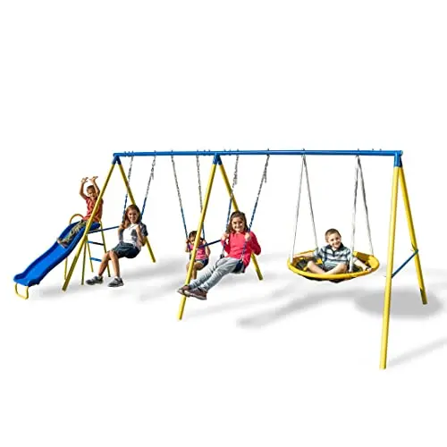 Sportspower blue and yellow metal swing set with three belt swings, a flying saucer swing, and a wavy slide